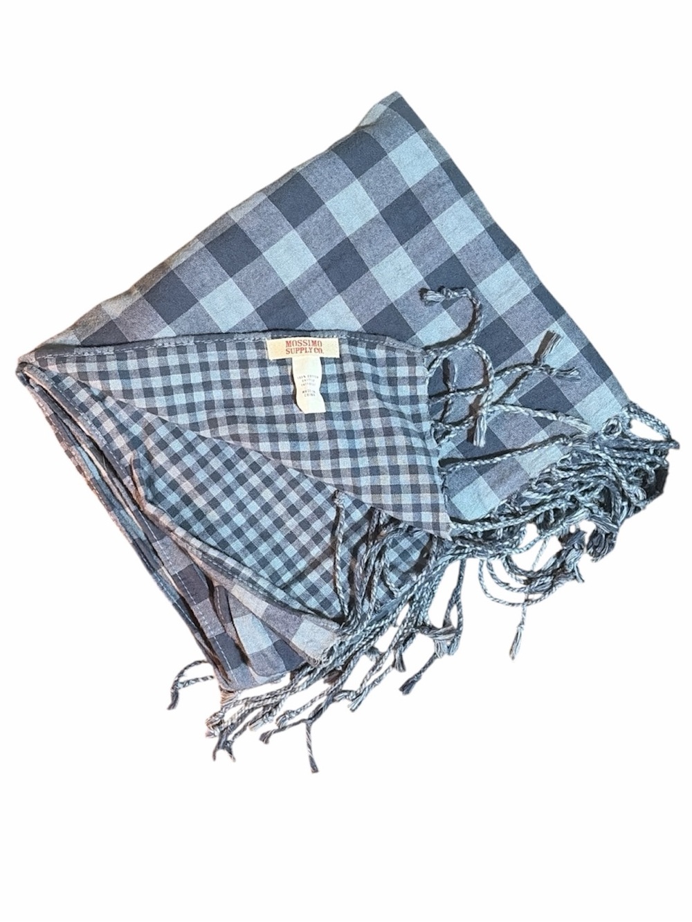 Vintage Mossimo Supply Co. Blue & Grey Gingham Plaid 100% Cotton Fringe Scarf